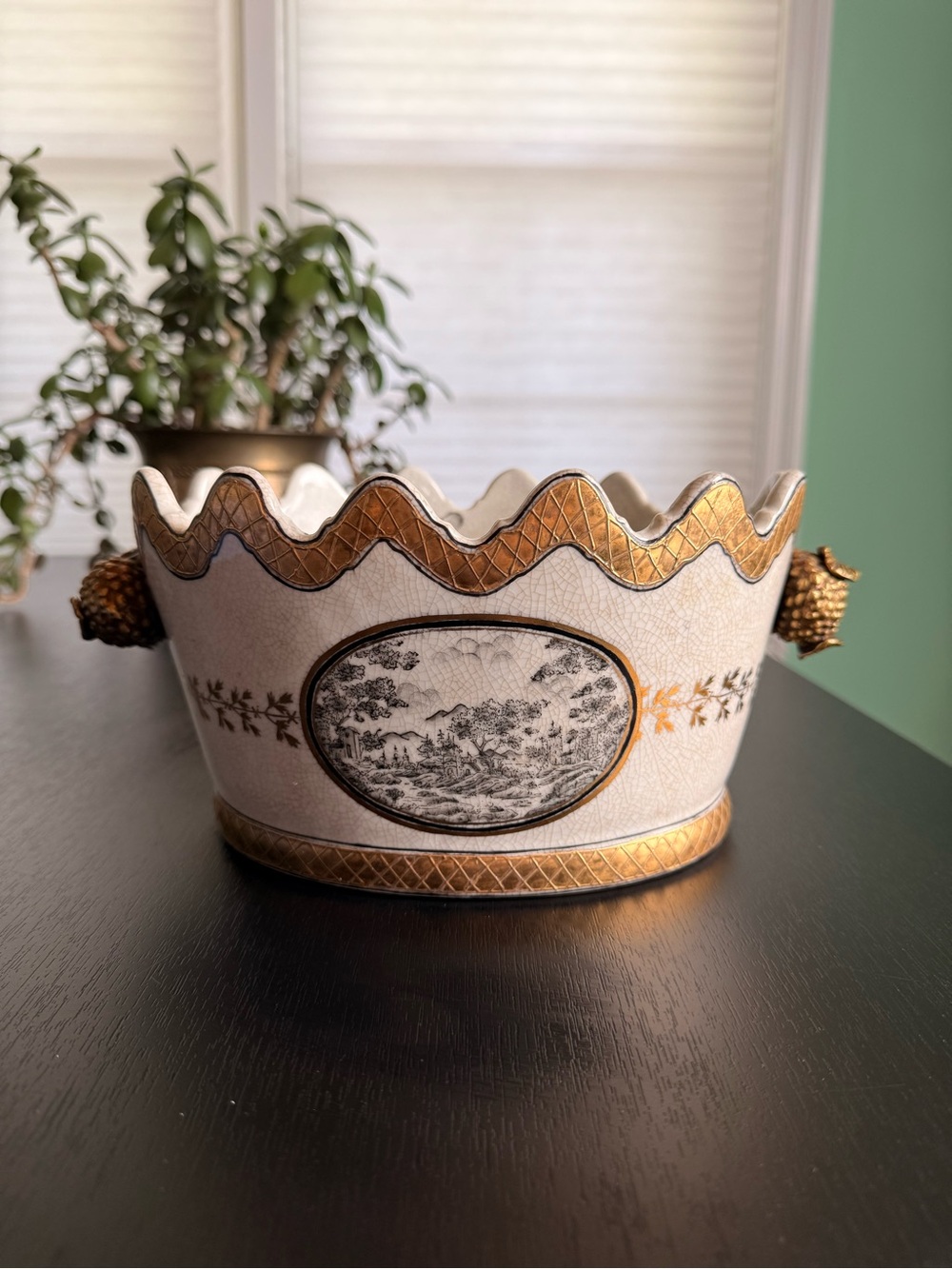 Antique United Wilson UWC Handled Cachepot Centerpiece Bowl Gilt Scenic Design